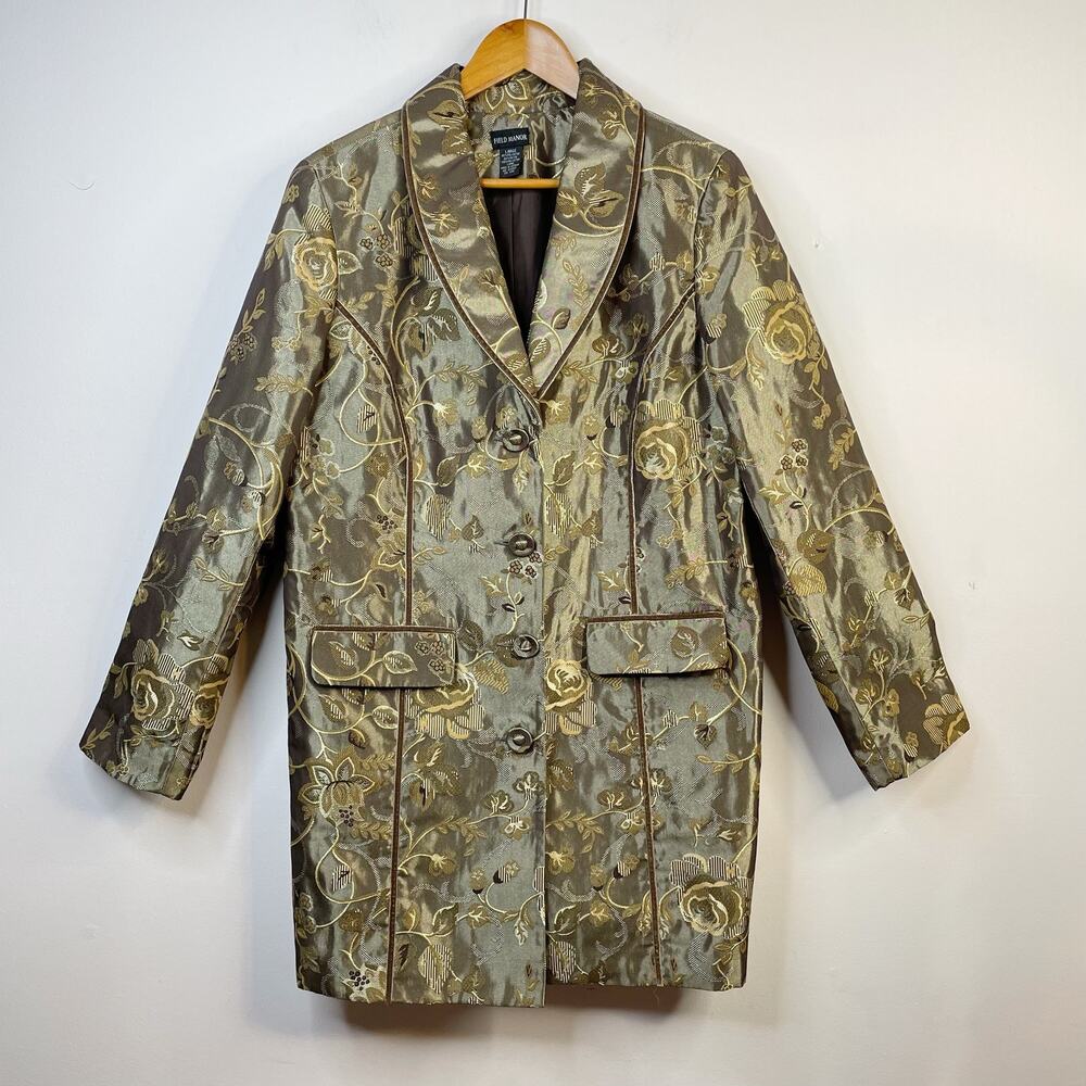 Field Manor Vintage Y2K Gold Brocade Floral Regency Ornate Long Jacket womens L